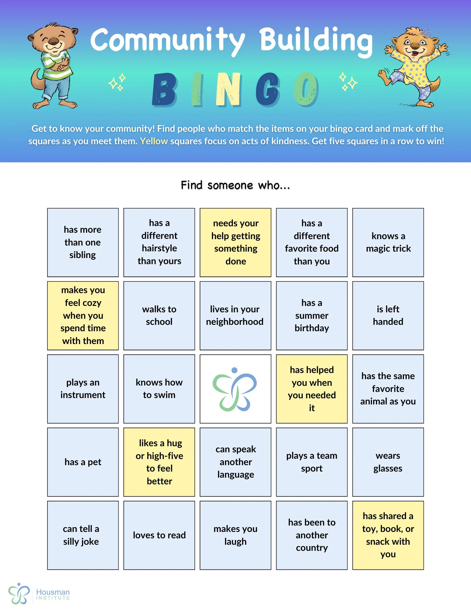 Community building BINGO sheet