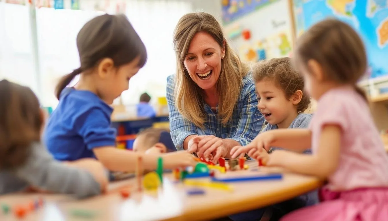 a preschool teacher is playing with several children on a classroom table-1